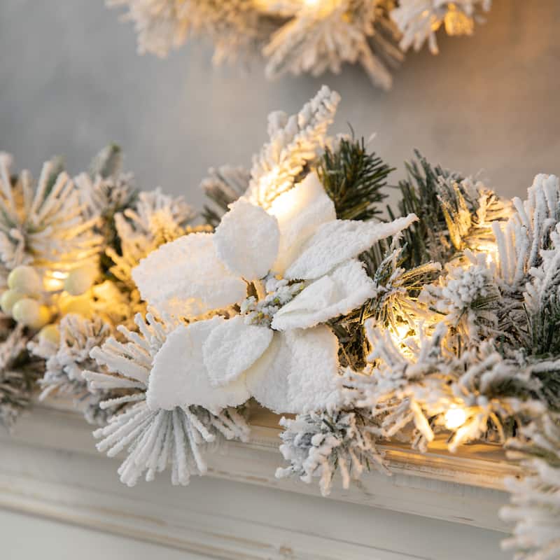Glitzhome Pre-Lit Snow Flocked Christmas Wreath or Garland With LED and Timer
