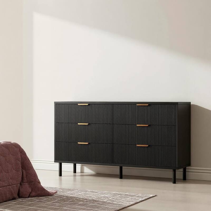 55'' Wide Chest of Drawers, 6 Drawer, with Anti-Tipping Device - Black