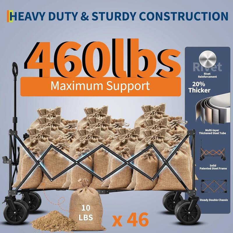 Outdoor Collapsible Folding Wagon Cart, 460lbs Capacity for Beach, Camping, Garden