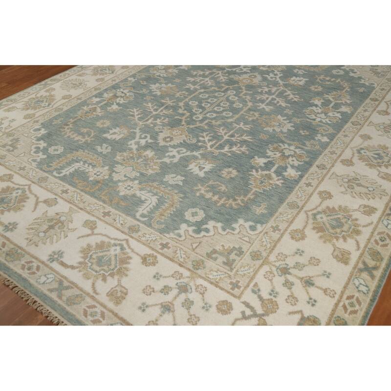 Floral Oushak Indian Area Rug Hand-Knotted Blue Wool Carpet - 8'2" x 10'0"