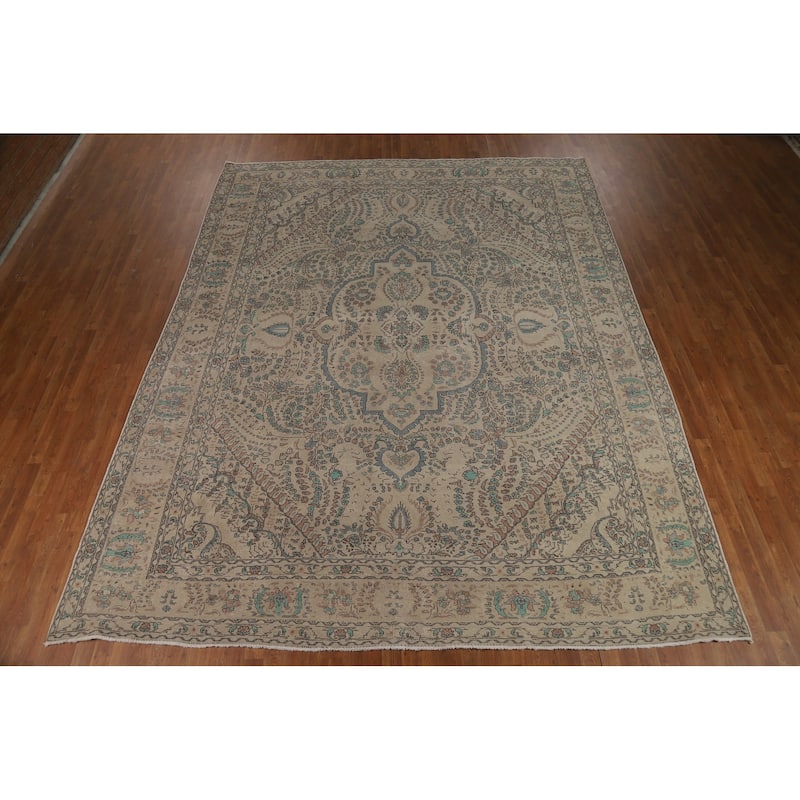Traditional Beige Tabriz Persian Area Rug Handmade Wool Carpet - 10'3"x 12'8"