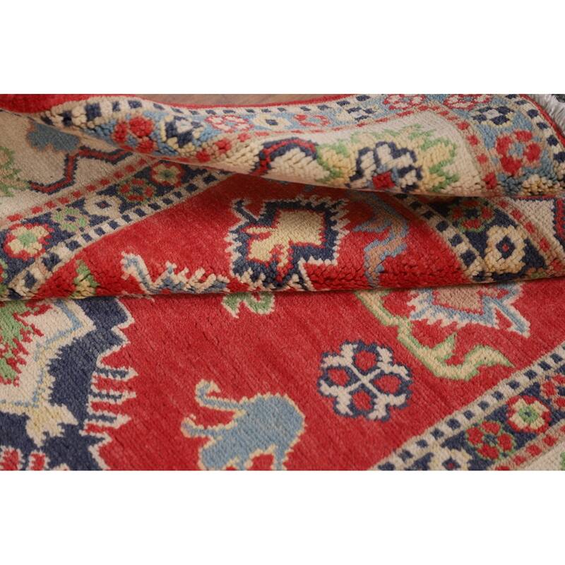 Geometric Kazak Accent Rug Handmade Red Wool Carpet - 3'4" x 5'0"