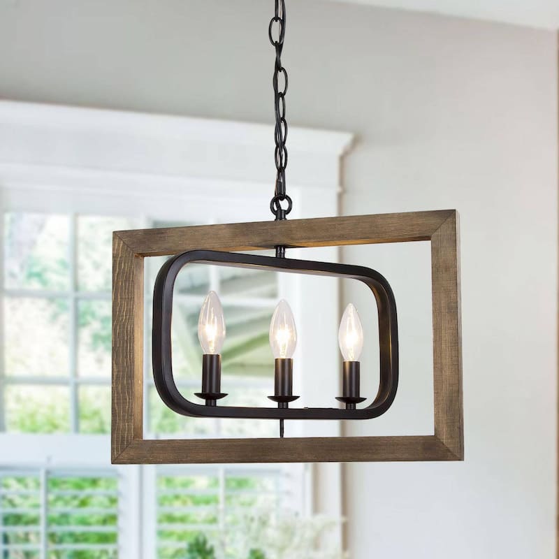 Farmhouse 3-Light Wood Island Chandelier Adjustable Frame Pendant for Kitchen Island - L17"xW13.5"xH14.5"
