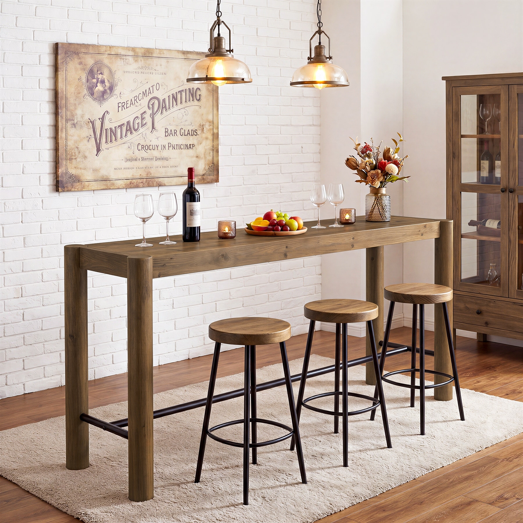 59'' Solid Wood Bar Table, Real Wood Dining Table with Footrest