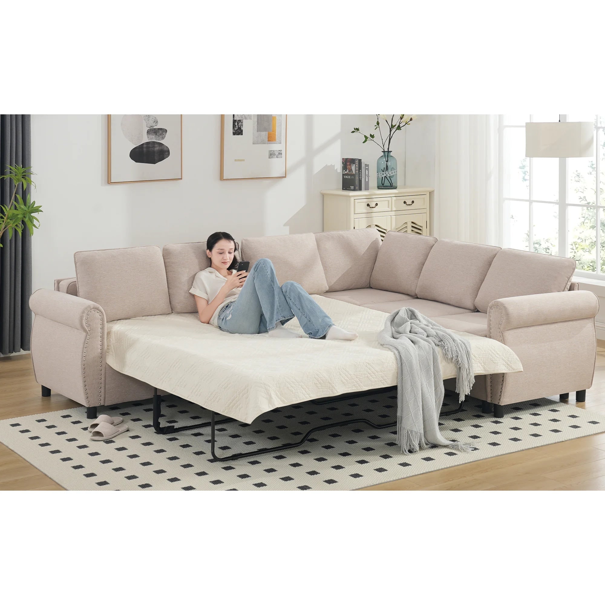 6-Seater L-Shaped Pull Out Sleeper Sectional Sofa Bed with Cushions B