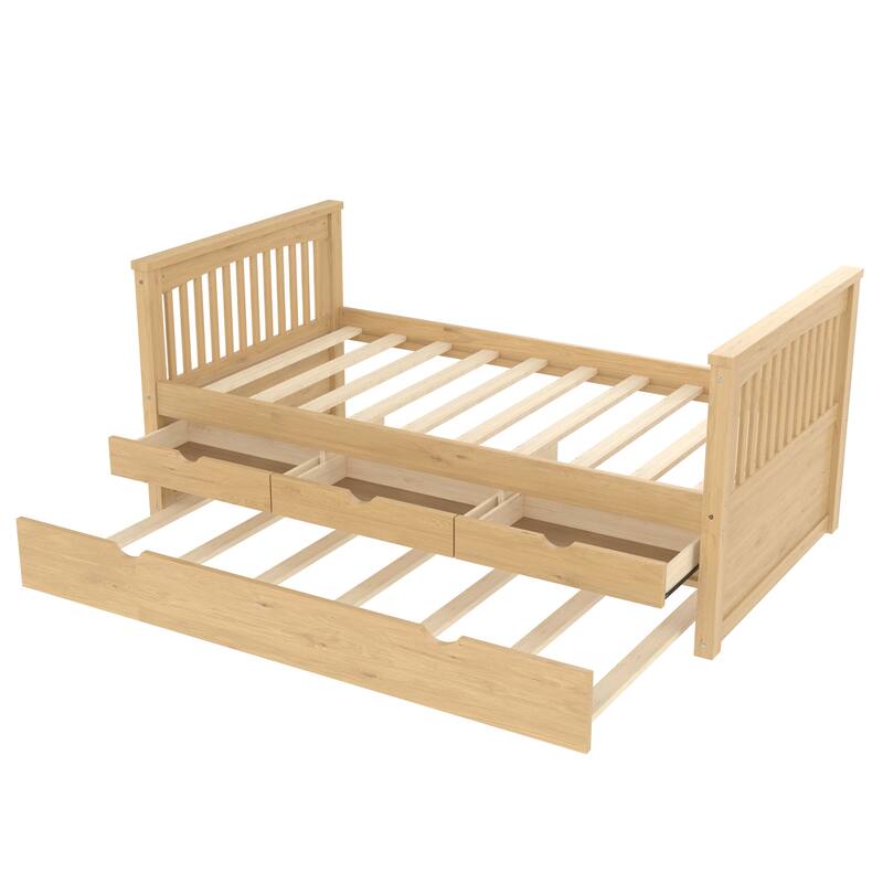 Twin Platform Bed with Drawers and Trundle, Solid Wood Daybed, No Spring Box Needed
