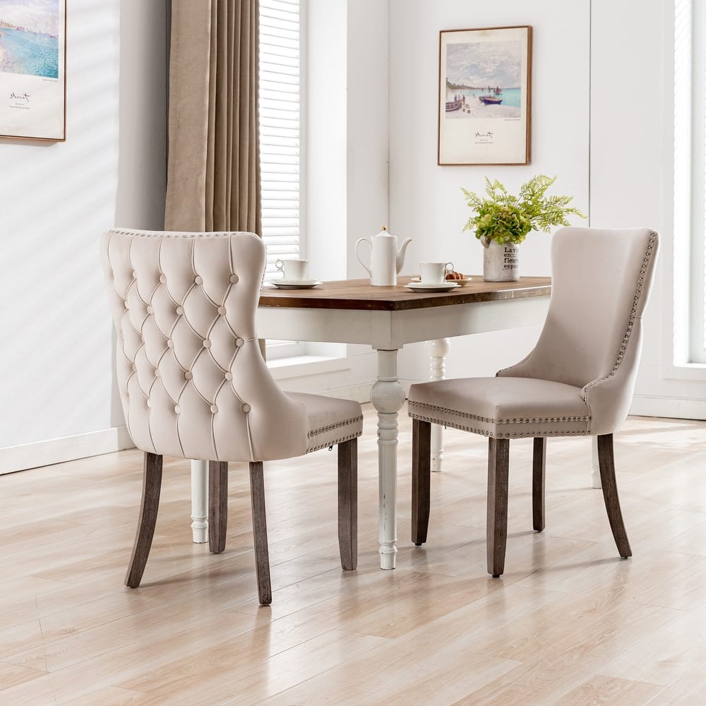 Velvet Upholstered Dining Chair Set of 2, Wing-Back Kitchen Chairs with Backstitching Nailhead Trim and Solid Wood Legs