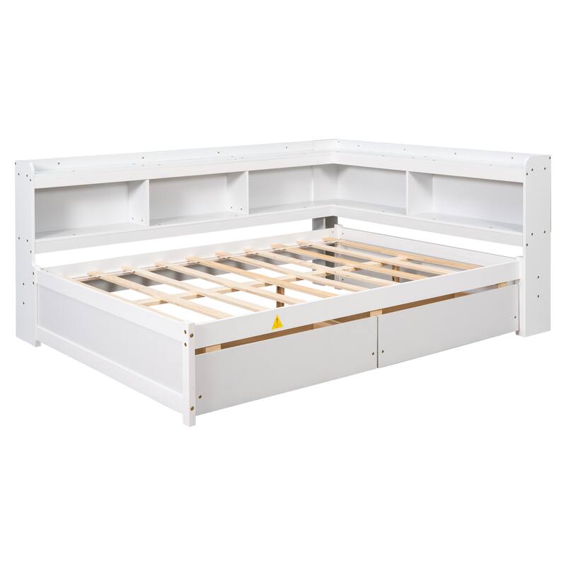 Full Bed with L-Shaped Bookcase and Storage Drawers, Space-Saving Design