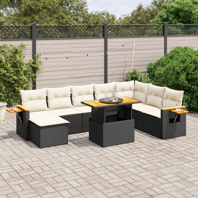vidaXL Patio Sofa Set with Cushions Table and Stool Outdoor 9 Piece Poly Rattan - 21.7 x 39.4 x 28.7 in - Black and cream