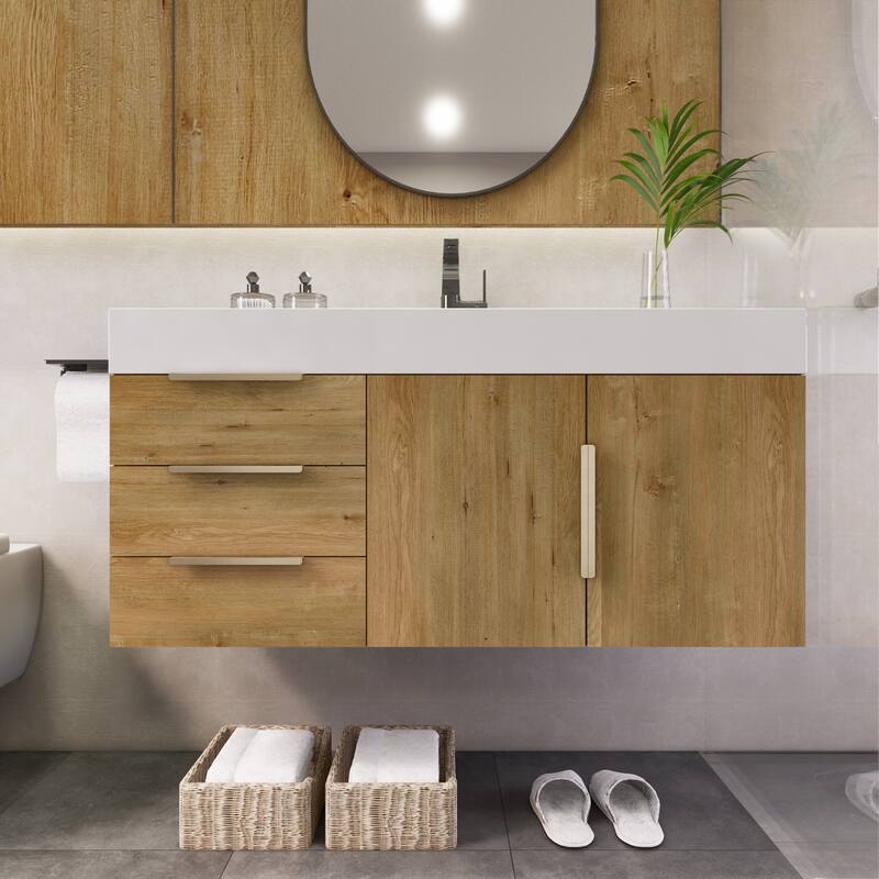 Noble 42" Wall Mounting Vanity (L Drawer) with Reinforced Acrylic Sink - 42" Width - Wood Finish - Oak