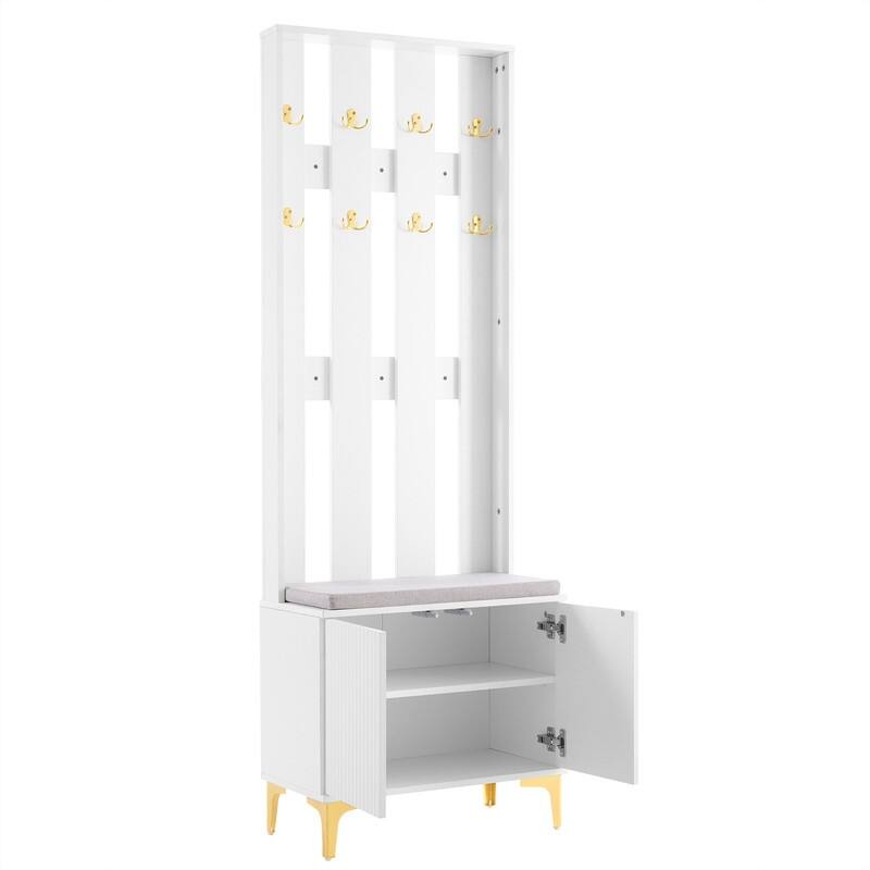 Luxury 4-in-1 Hall Tree with Shoe Bench and Cushion, Versatile Coat Rack with 8 Gold Hooks, Entryway Bench w/ Adjustable Shelves