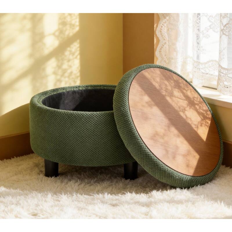 Round Storage Ottoman with Lift-Off Tray and Upholstered Fabric