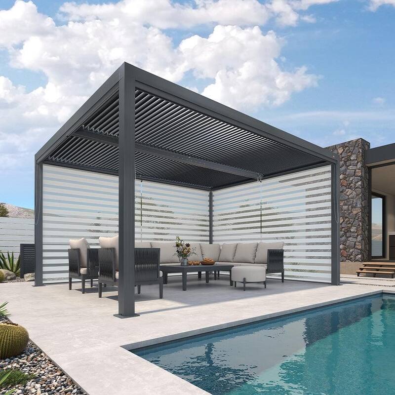 PURPLE LEAF Gray Louvered Pergola Outdoor Aluminum Pergola with Adjustable Roof for Patio Grey Hardtop Gazebo
