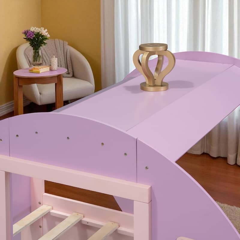 Twin Size Princess Carriage Bed with Crown and Stairs, Kids Wooden Platform Bed Frame with Slats and Fairy Tale Design