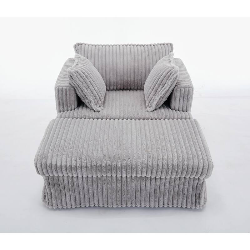 Deep Seat Sofa Chair & Ottoman Set, Corduroy Single Chaise Longue Reclining Couch with Thicked Upholstered, Pillows and Skirted