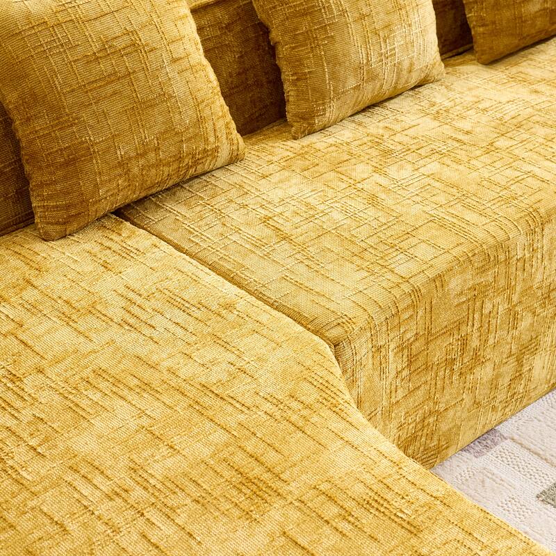 L-Shaped Sectional Sofa with Chaise Lounge, Chenille Upholstered 4 Seater Sofa, Compressed Sofa with Throw Pillows