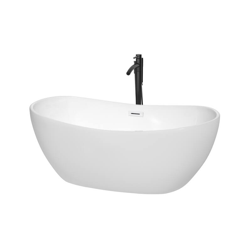 Wyndham Collection Rebecca 60-inch Freestanding Bathtub with Faucet - White, Shiny White Trim & Matte Black Faucet