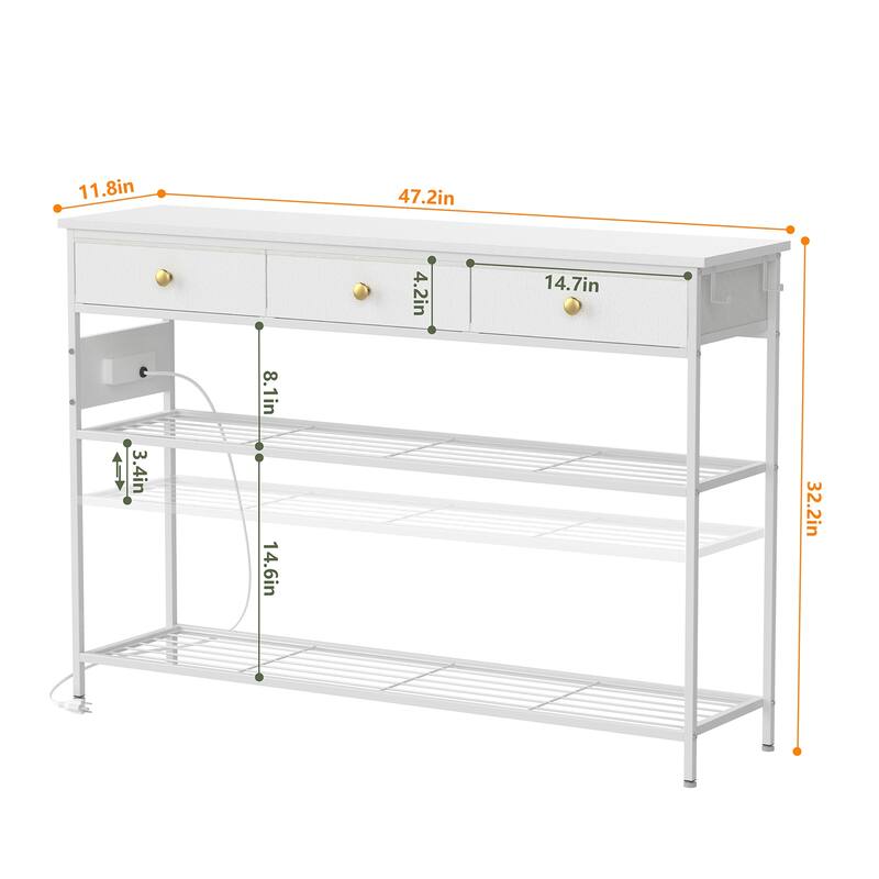 Modern White Entryway Table: 3 Drawers, 3 - Tier Storage Shelves, Gold Knobs & Charging Station