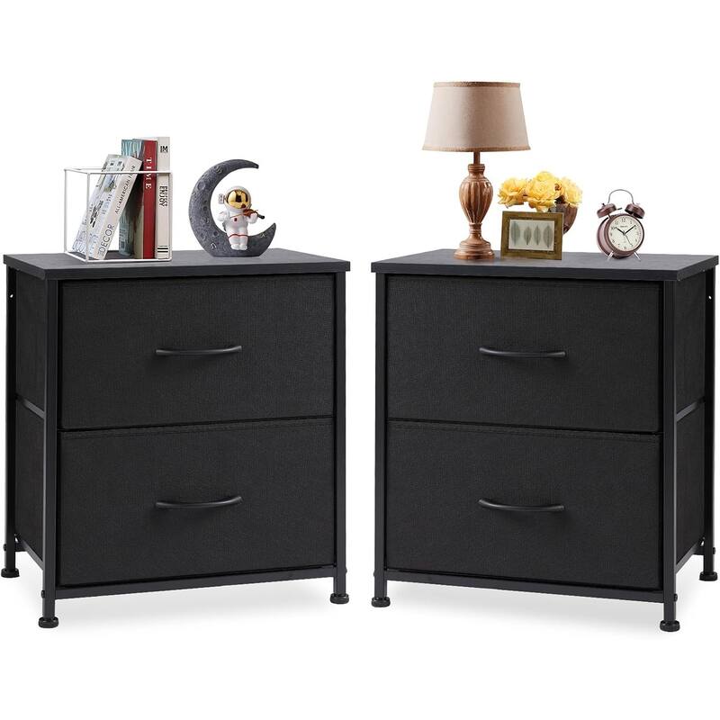 Nightstand, Set of 2 Bedside Table with 2 Storage Drawers, Wooden Top Fabric Cabinet Kids Mini Dresser for Bedroom, Closet - Brown