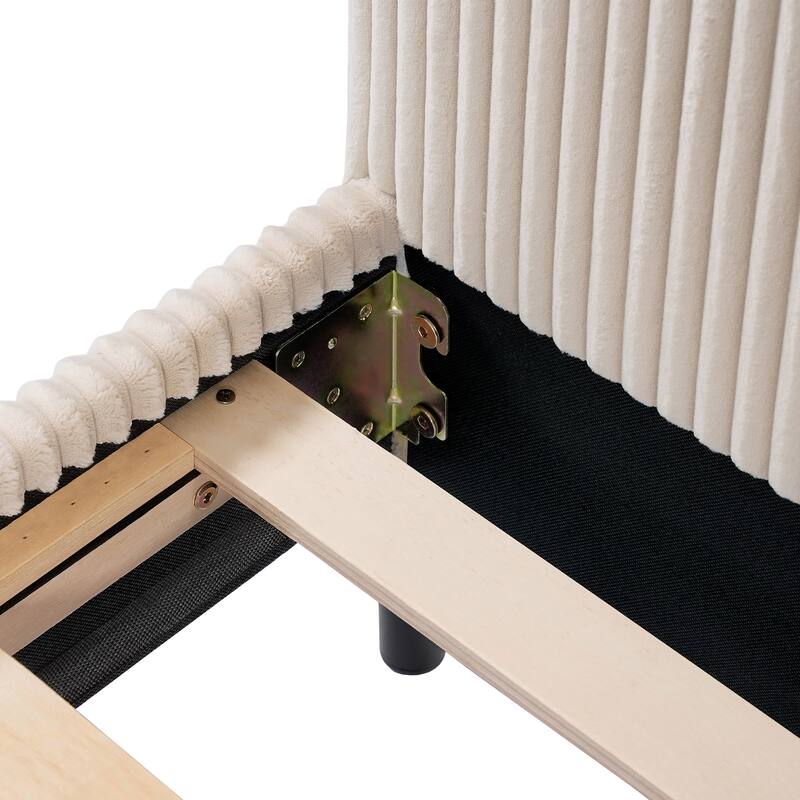 Corduroy Upholstered Bed Frame, Rounded Corners Design Queen Platform Bed, Slat Support