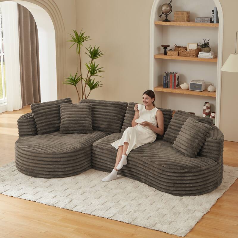 Curved L-Shape Sectional Sofa with Chaise Lounge, Oversized Corduroy Upholstered Sofa, Boneless Cloud Sofa with Deep Seat