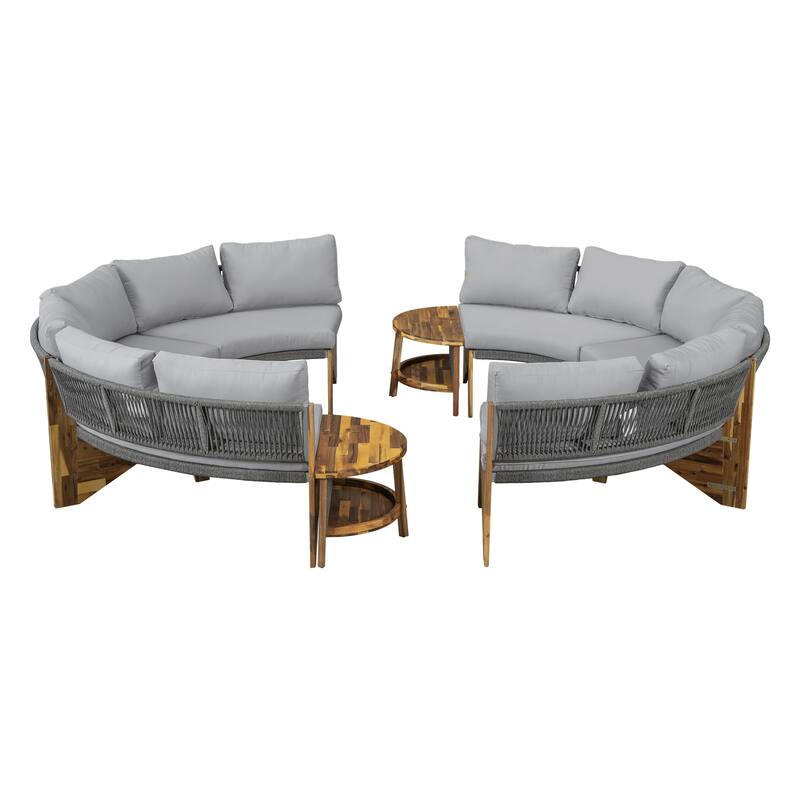 12-Seater Outdoor Acacia Wood Round Sectional Sofa Set with Coffee Table