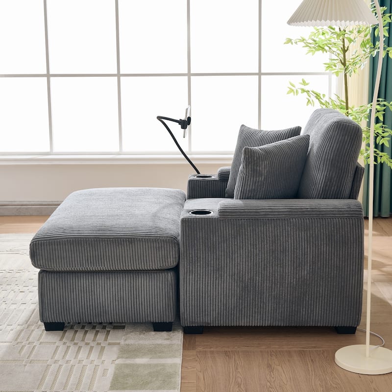 55" Oversized Chaise Lounge Chair Indoor With Ottoman And Storage,With Cup Holder,Mobile Phone Stand&Usb Charging Port