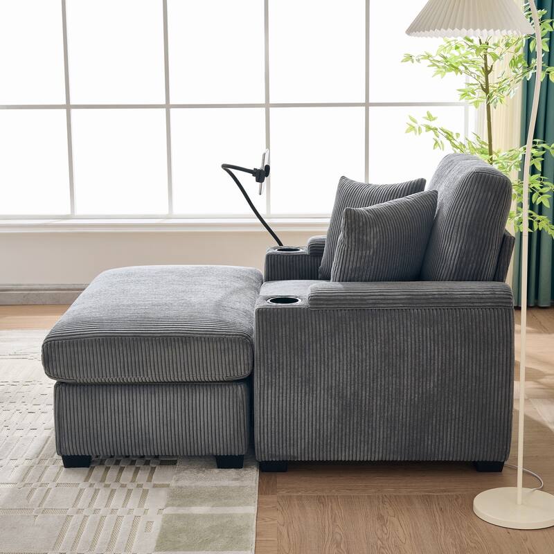 Single Chaise Lounge with Accent Chair & Storage Ottoman, Corduroy Sofa Chair with Storage Arms, USB, Phone Stand and Cup Holder