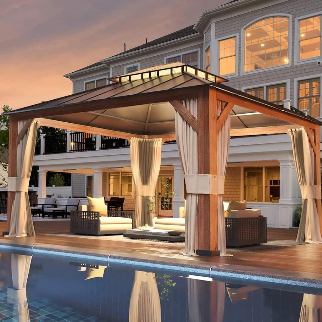 Outdoor Galvanized Steel Roof Gazebo Pergola w Wooden Coated Alumninum Frame, Privacy Curtains and Nettings Include.