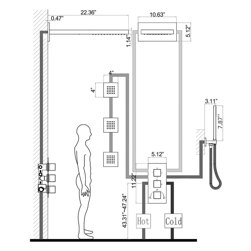 Modland High-pressure Square Thermostatic Rainfall Shower System with HandheldShower & 3 Massaging Jets