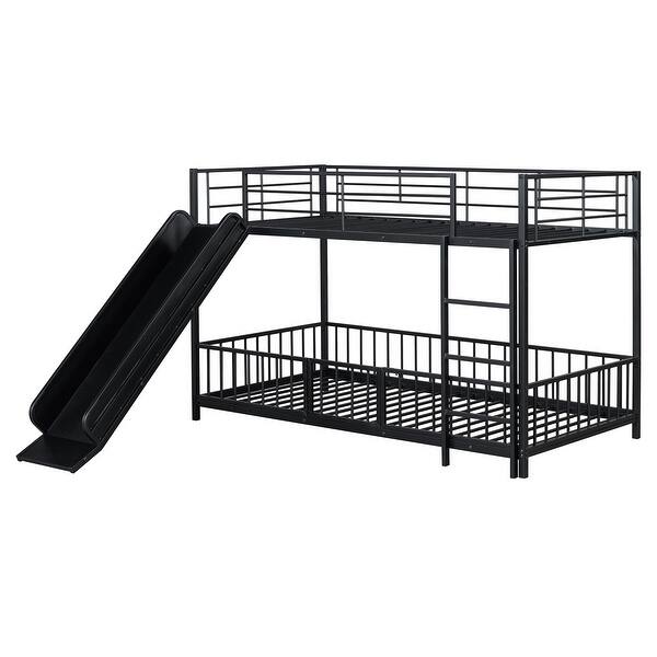 slide 2 of 20, Black Twin Over Twin Metal Bunk Bed with Slide & Ladder, Heavy Duty Low Bunk Beds w/Safety Guardrail & Small Door for Girls Boys Black - Twin