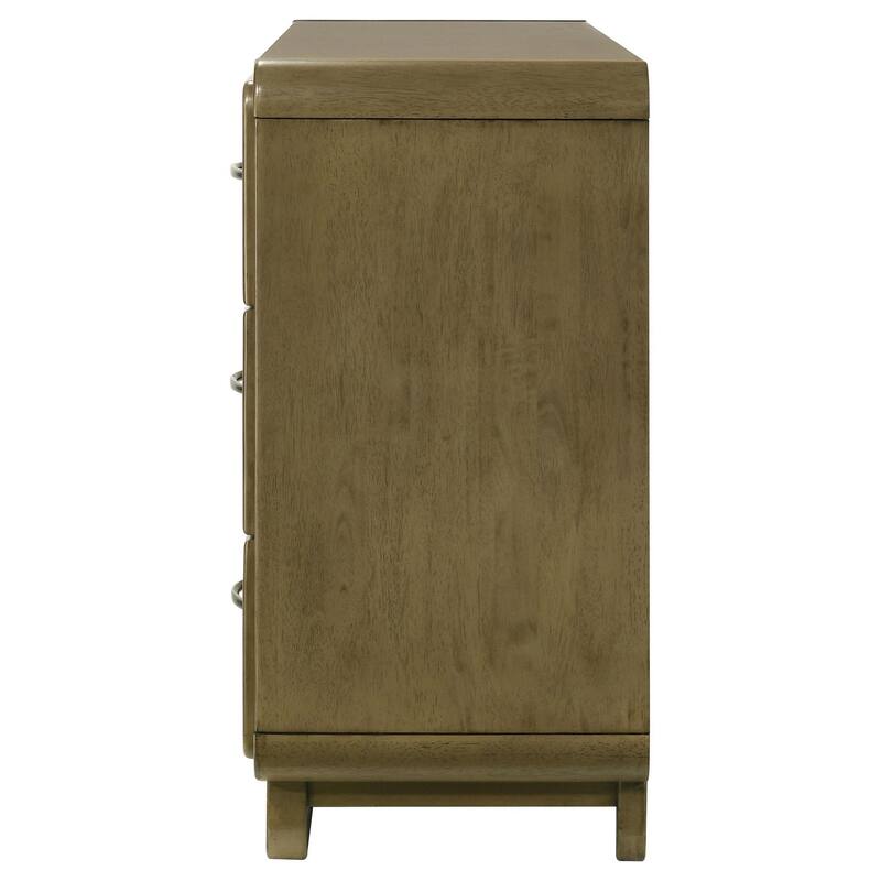 Deon Wide Dresser, 6 Drawers w Nickel Handles, Sled Legs, Nutmeg Brown