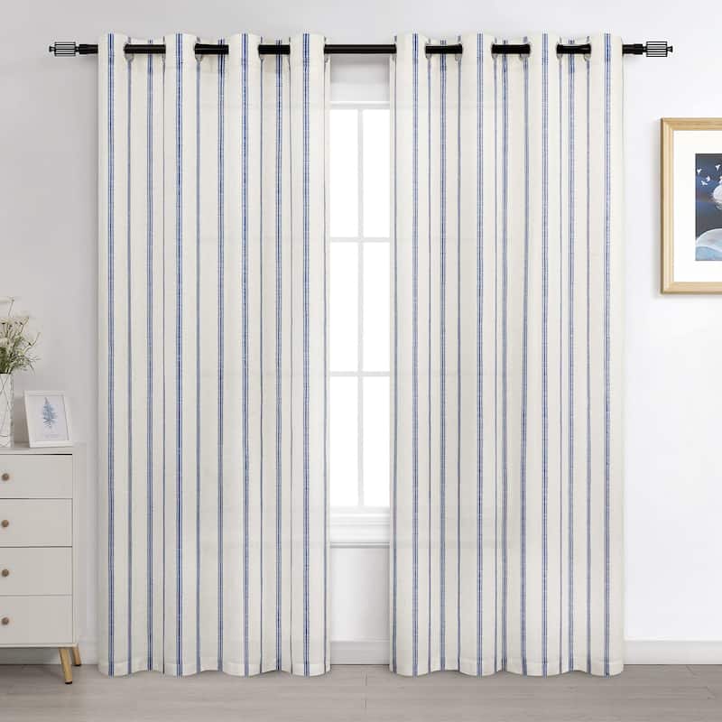 DriftAway Farmhouse Linen Blend Curtains Vertical Striped Printed Drapes - 52" Width X 84" Length - Navy