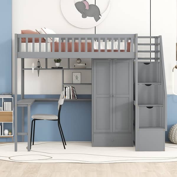 slide 2 of 5, Twin size Loft Bed with Bookshelf,Drawers,Desk,and Wardrobe Grey - Twin