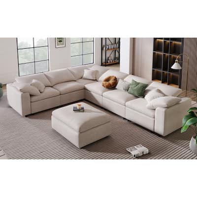 Modern Large L-Shape Sectional Sofa, Fabric Sectional Sofa Set with Movable Ottoman Living Room Corner Sectional Sofa