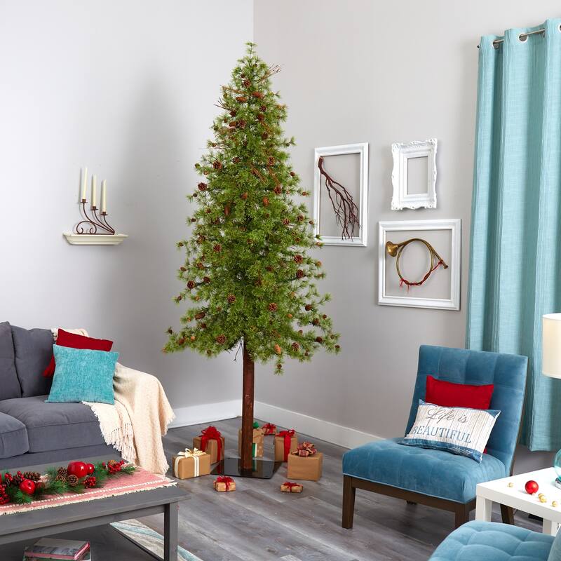 9Ft Artificial Christmas Tree with Lights & Pine Cones - Slim Alpine Holiday Decor - Green - 108