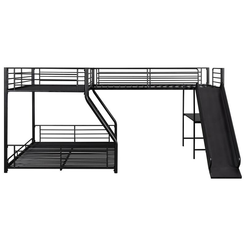 Lshaped Twin over Full Bunk Bed, Metal Loft Bed for 3 with Builtin
