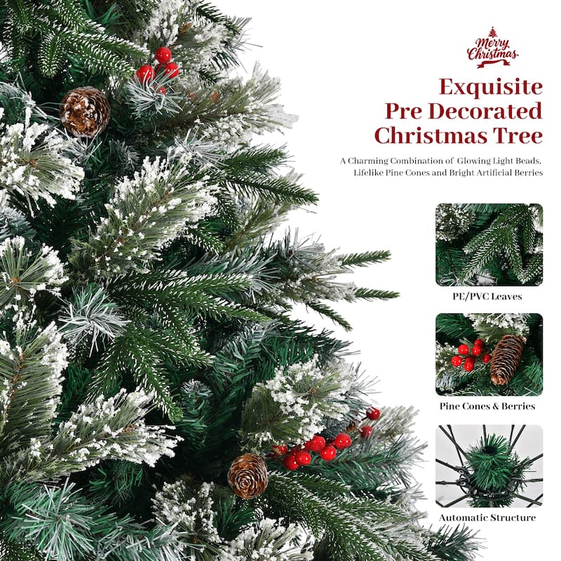 8ft Snow Frosted Christmas Tree,Pre-Decorated Christmas Tree with Pinecones & Berries Metal Stand - N/A