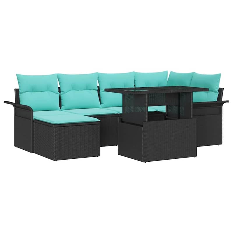 vidaXL 7 Garden Sofa Set with Cushions Black/Brown/Grey Poly Rattan - 95.5 x 52.2 x 27.2