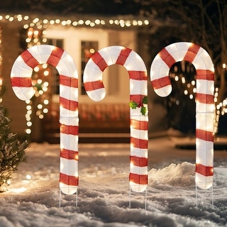 Gymax Lighted Candy Canes Set of 3 Christmas Tinsel Candy Cane - Multi-colors - See Details