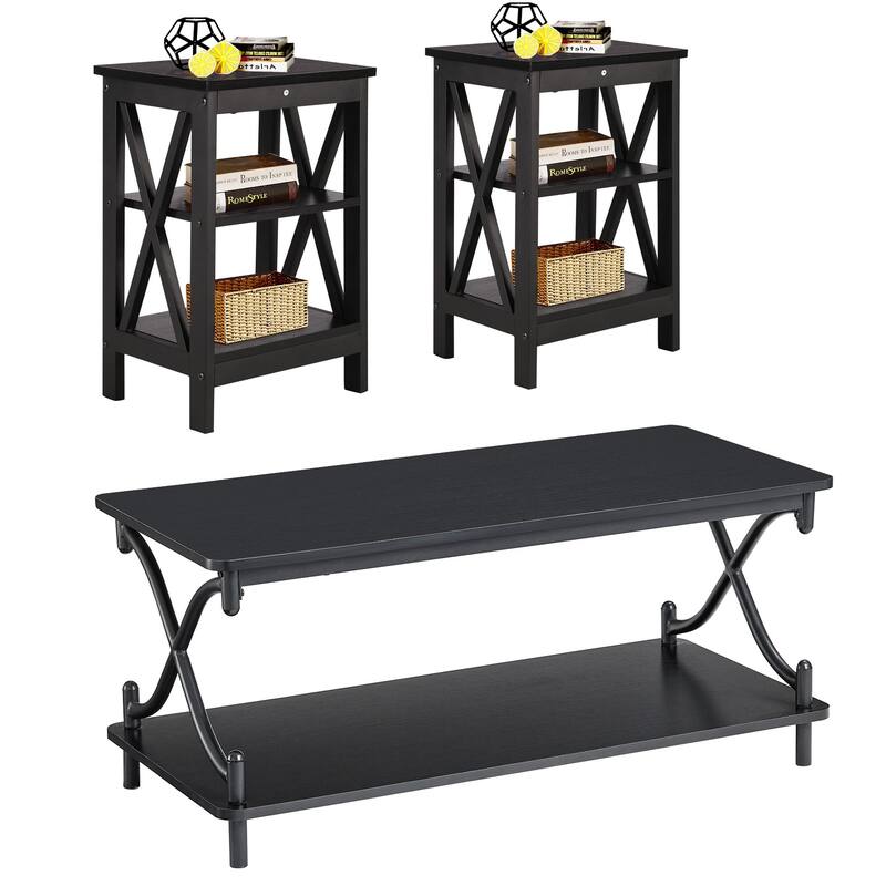 Javlergo Modern 3 Piece Coffee Table Set for Living Room Include Wood Coffee Table and End Table Set of 2 - Black