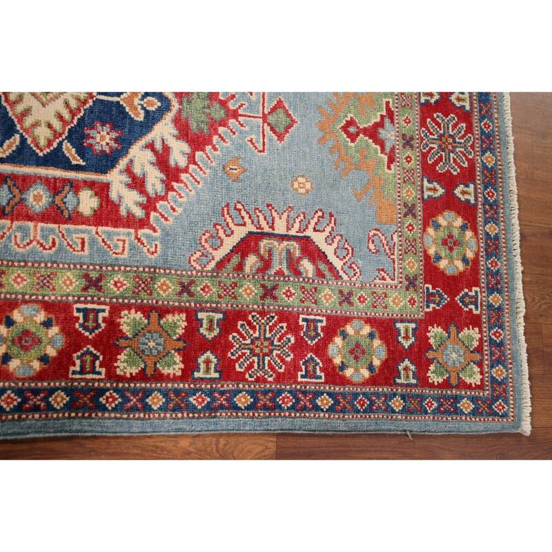 Light Blue Geometric Kazak Rug Entryway Hand-Knotted Wool Carpet - 3'1" x 4'11"