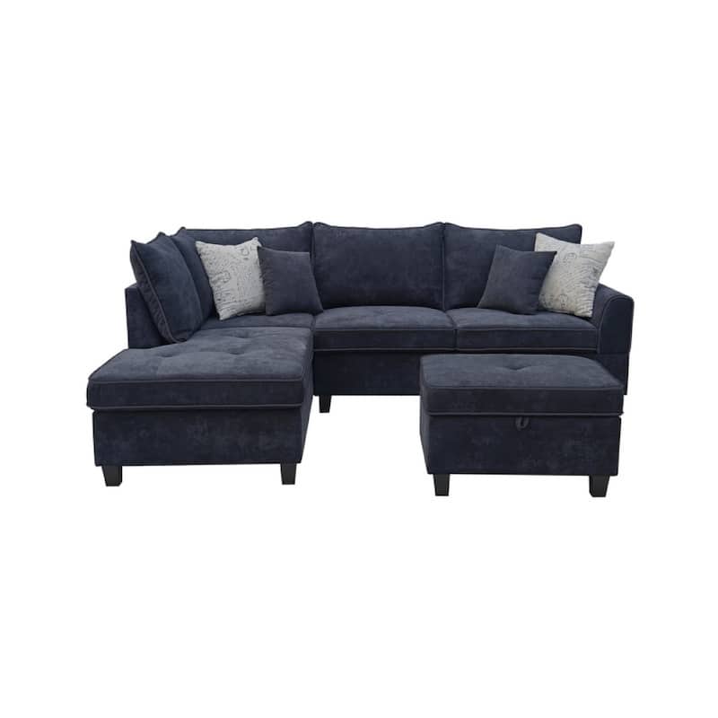 Kyna Sectional Sofa, 4 Pillows, Left Chaise, Storage Ottoman, Black