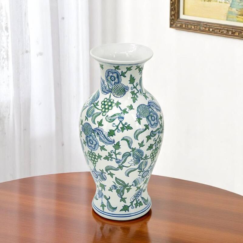 19" White Blue And Green Floral Urn Porcelain Table Vase - 9.30 - Green/White/Blue - 9.30