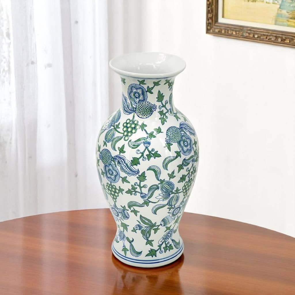 19" White Blue And Green Floral Urn Porcelain Table Vase - 9.30