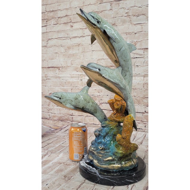 Colorful Bronze Sculpture Of Three Imitative Dolphins Leaping From Water - Signed Numbered Marine Life Art