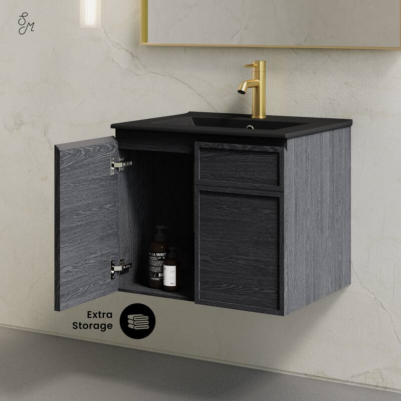 St. Tropez 24" Wall-Mounted Bathroom Vanity In Black Oak With Black Sink Top - 24