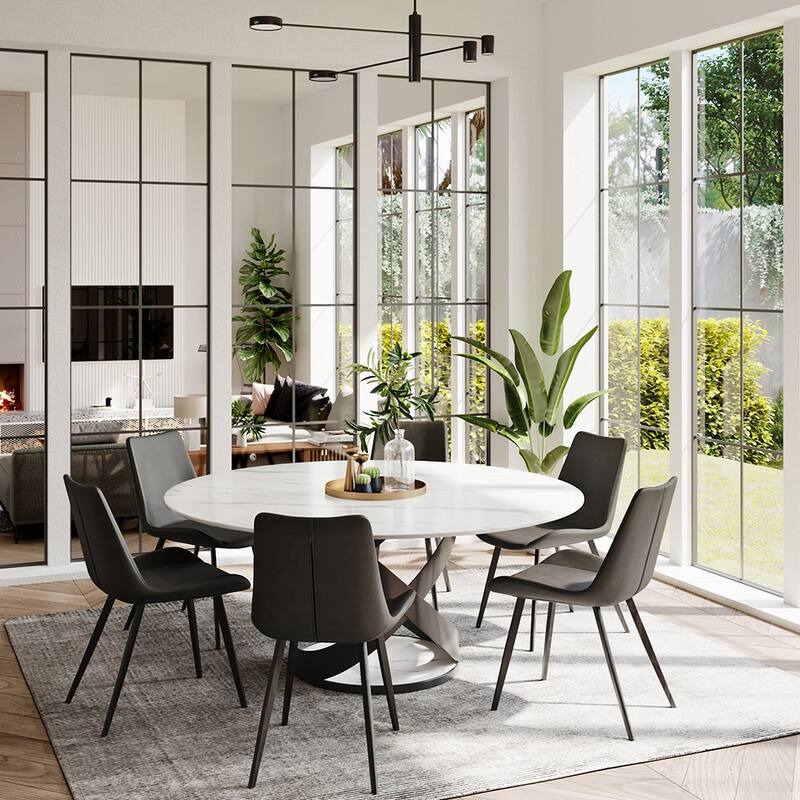 Modern Round White Glossy Dining Table with Sintered Stone Tabletop and Black X Carbon Steel Base