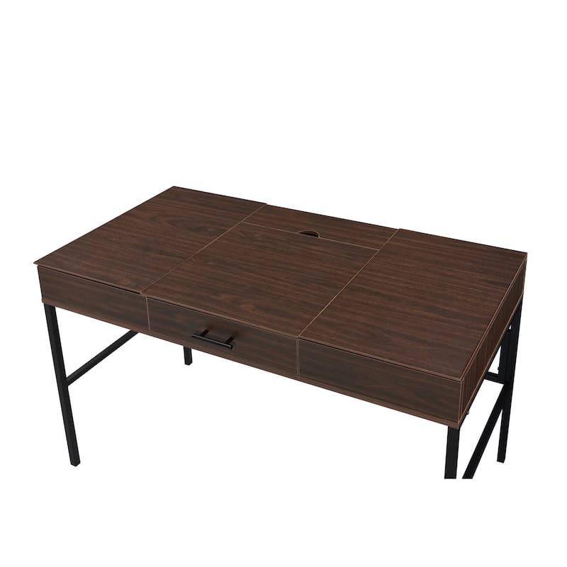 erster Oak and Black Writing Desk with USB Ports Modern Home Office Desk