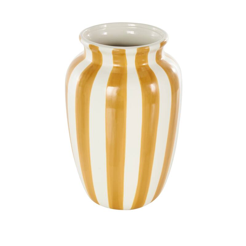 White Ceramic Round Wide Decorative Vase with Yellow or Teal Vertical Stripes